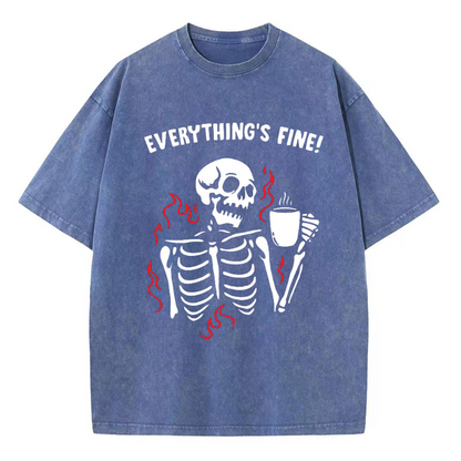 Unisex Everything's Fine Skull Letter Printed Retro Washed Short Sleeved T-Shirt by migunica