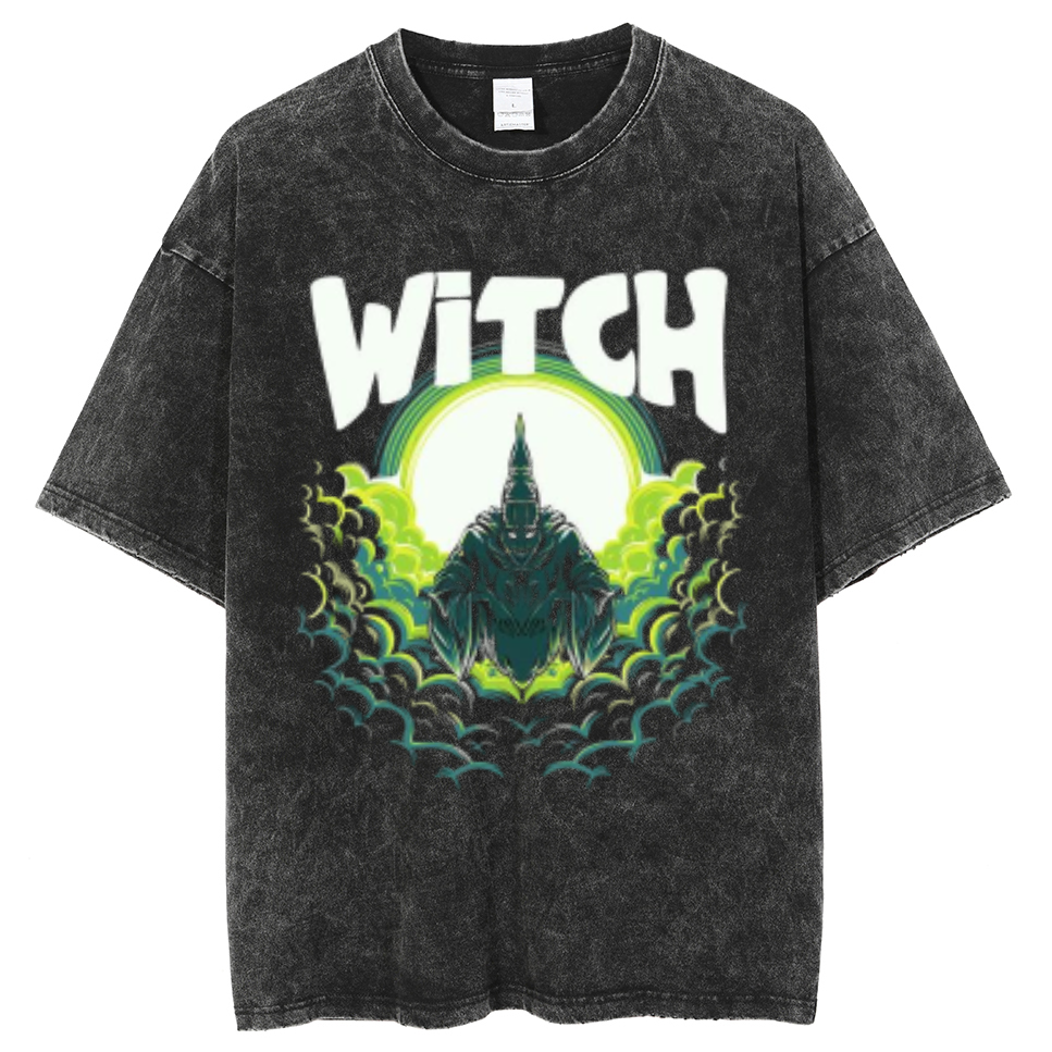 Witch Unisex Oversized Print Vintage Wash Denim T-Shirt by migunica