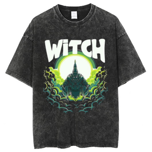 Witch Unisex Oversized Print Vintage Wash Denim T-Shirt by migunica