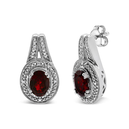 .925 Sterling Silver Diamond Accent and 8x6mm Red Oval Garnet Stud Earrings (I-J Color, I1-I2 Clarity) by Infinite Jewels