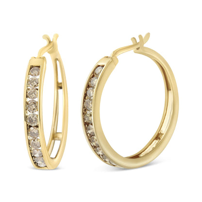 14K Yellow Gold Plated .925 Sterling Silver 1.0 Cttw Channel Set Champagne Diamond Hoop Earrings with Snap Post (K-L Color, I1-I2 Clarity) by Infinite Jewels