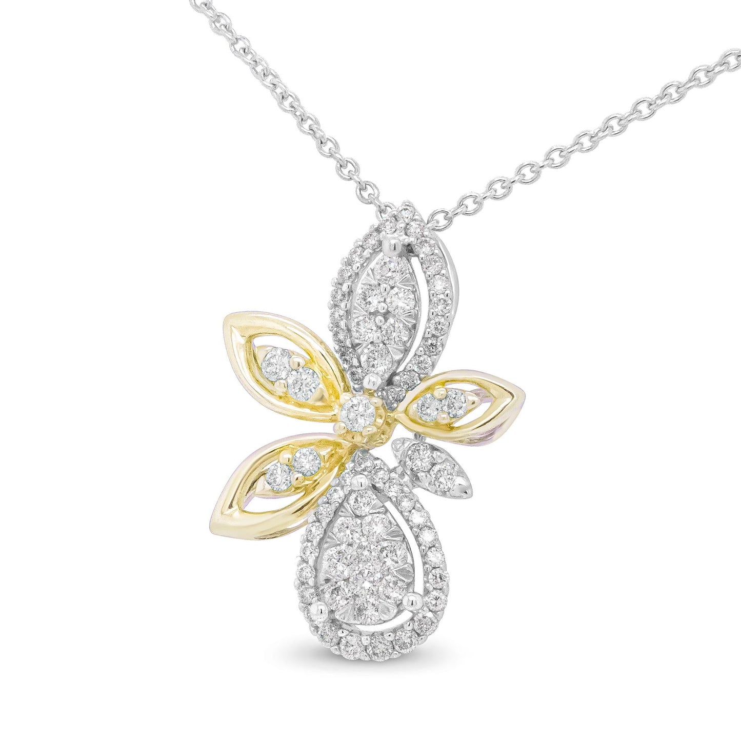 14K White and Yellow Gold 5/8 Cttw Round Diamond Marquise Floral Style 18" Pendant Necklace (H-I Color, I1-I2 Clarity) by Infinite Jewels