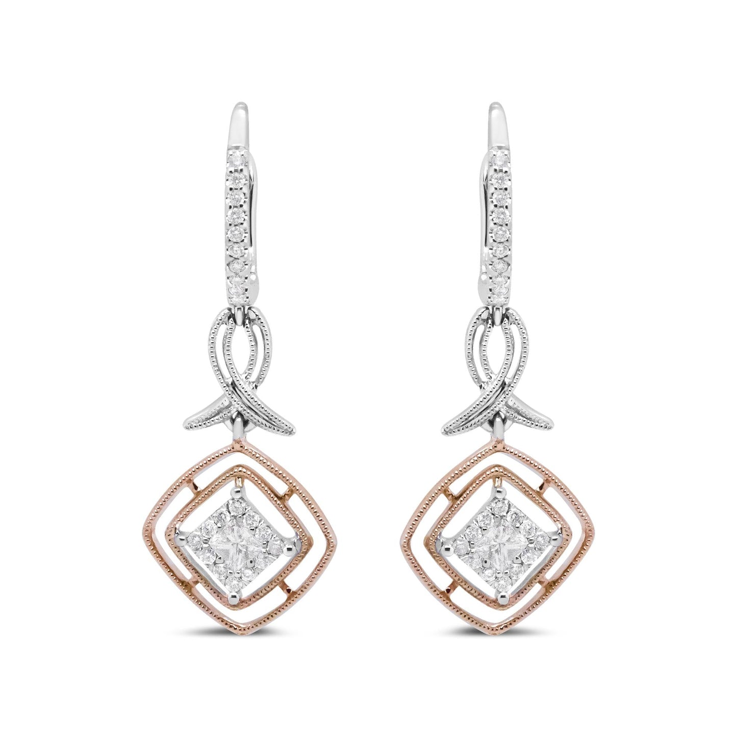 14K White and Rose Gold 1/2 Cttw Round and Princess-Cut Diamond Openwork Marquise Ribbon Dangle Earring (G-H Color, SI2-I1 Clarity) by Infinite Jewels