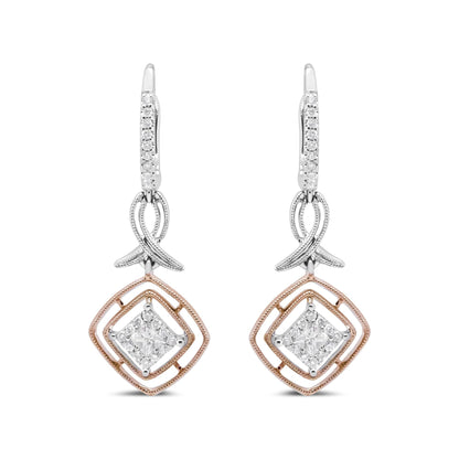 14K White and Rose Gold 1/2 Cttw Round and Princess-Cut Diamond Openwork Marquise Ribbon Dangle Earring (G-H Color, SI2-I1 Clarity) by Infinite Jewels