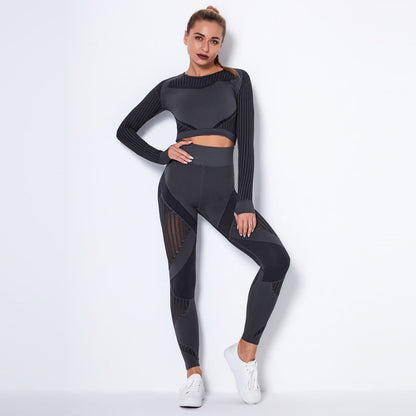 New  Seamless Net Hole Quick-Drying Sports Yoga Long Sleeve Striped Fitness Trousers Yoga Suit by BYNES NEW YORK | Apparel & Accessories