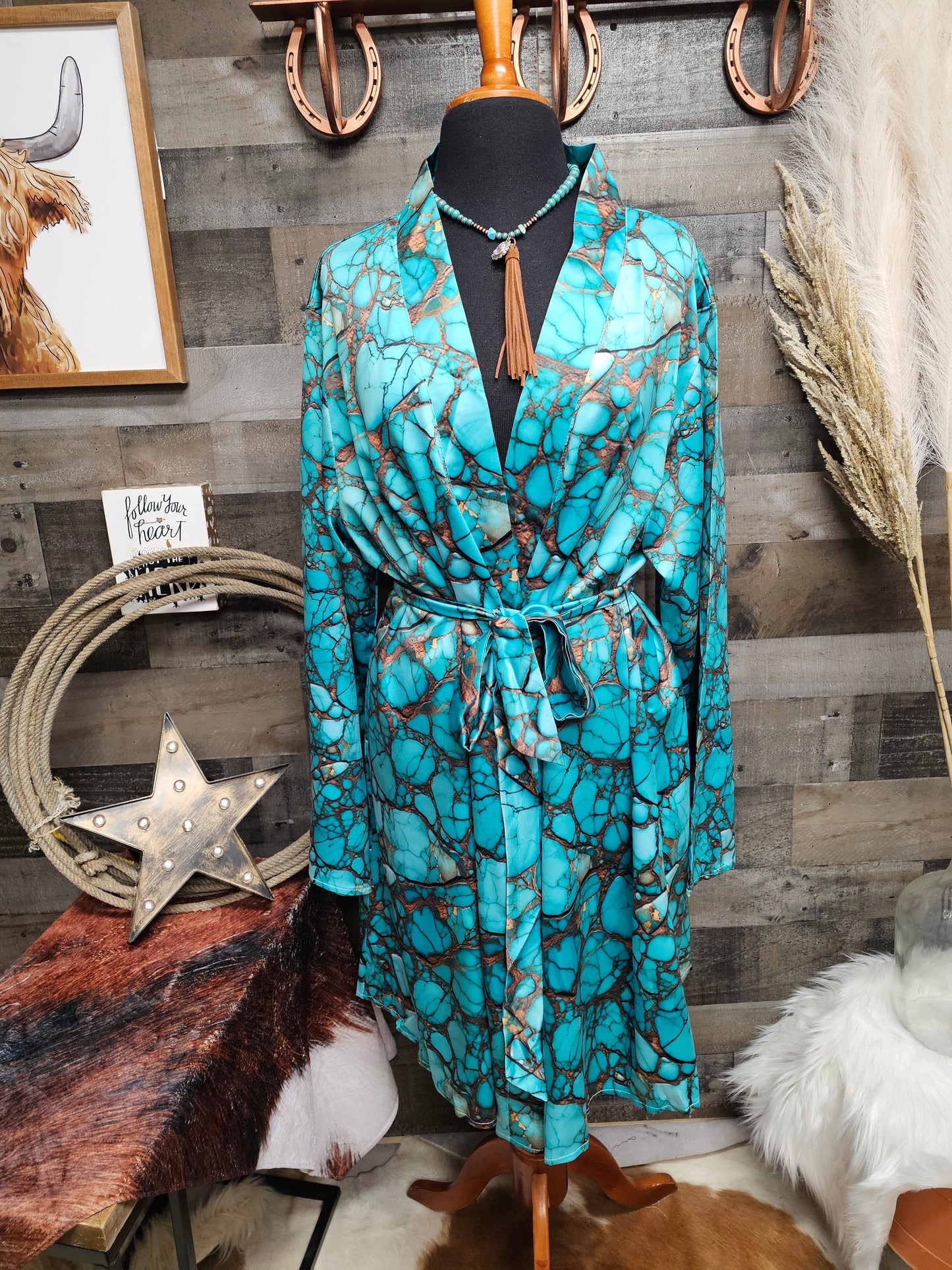 All Turquoise Women's Long Sleeve Belted Satin Feel Dressing Lounge Robe by Baha Ranch Western Wear