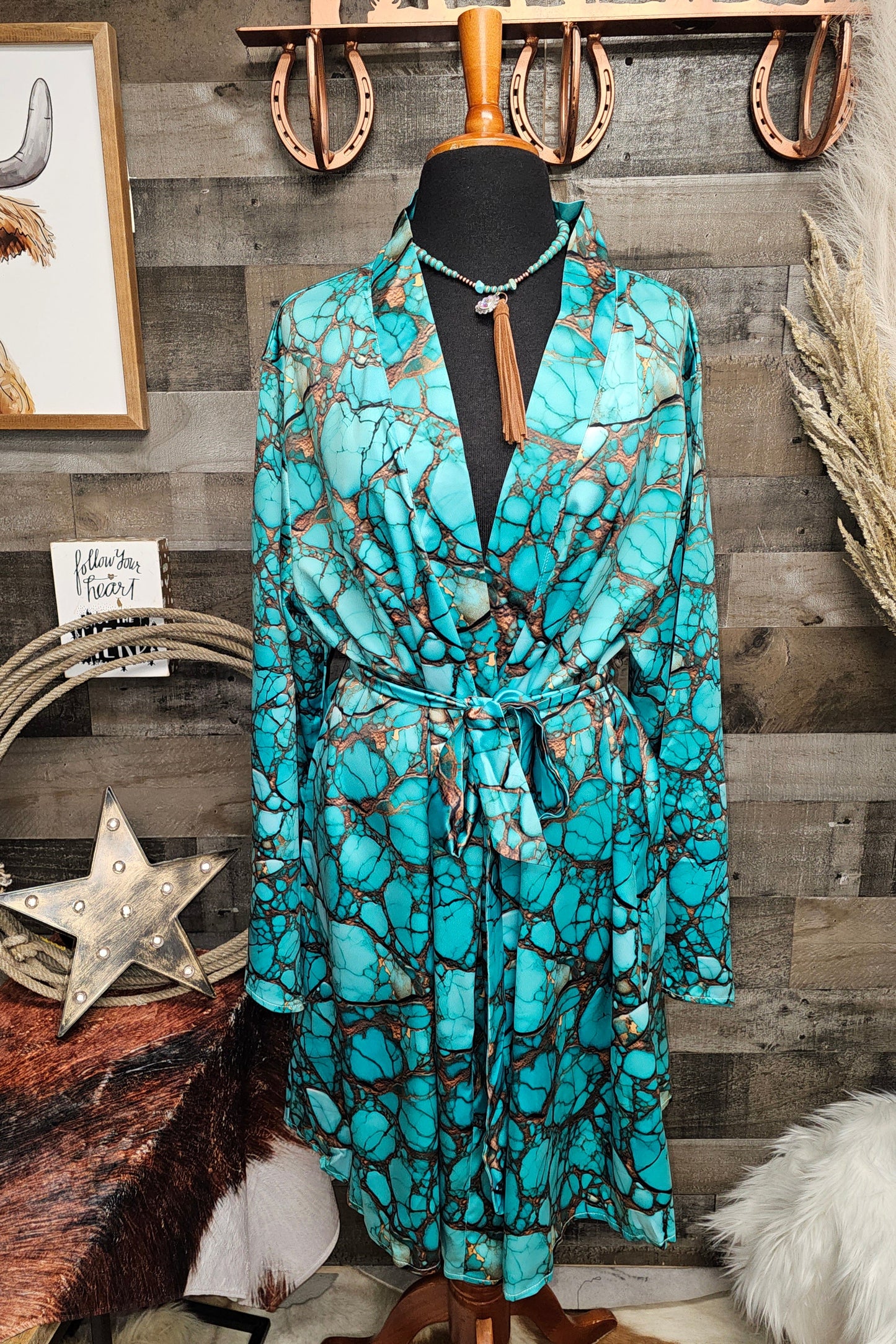 All Turquoise Women's Long Sleeve Belted Satin Feel Dressing Lounge Robe by Baha Ranch Western Wear