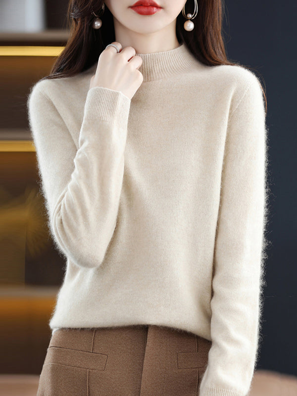 Office Long Sleeves Solid Color High-Neck Sweater Tops Pullovers by migunica