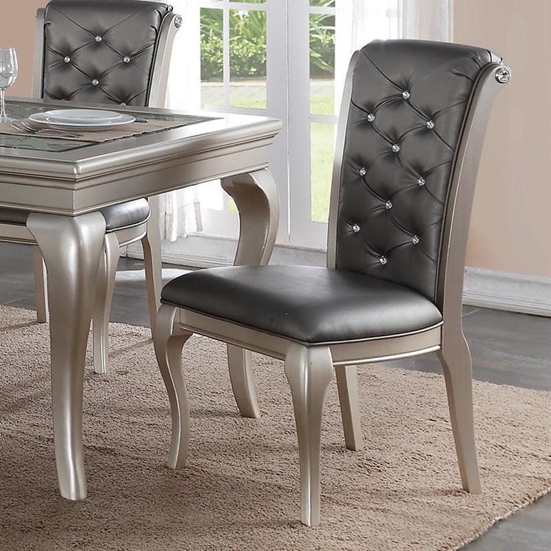 Luxury Antique Silver Wooden Set of 2 Dining Side Chairs Grey Faux Leather / PU Tufted Upholstered Cushion Chairs