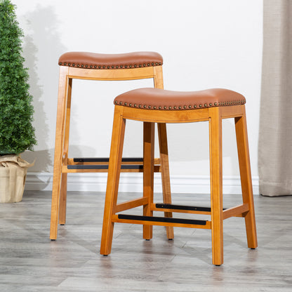 24" Counter Stool, Natural Finish, Saddle Leather Seat