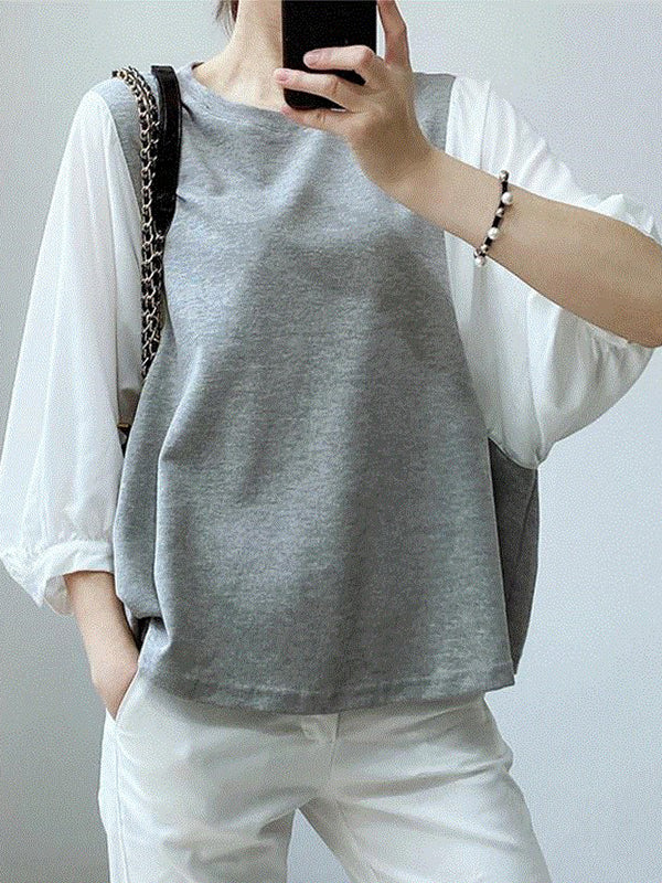 False Two Loose Split-Joint Round-Neck T-Shirts Tops by migunica