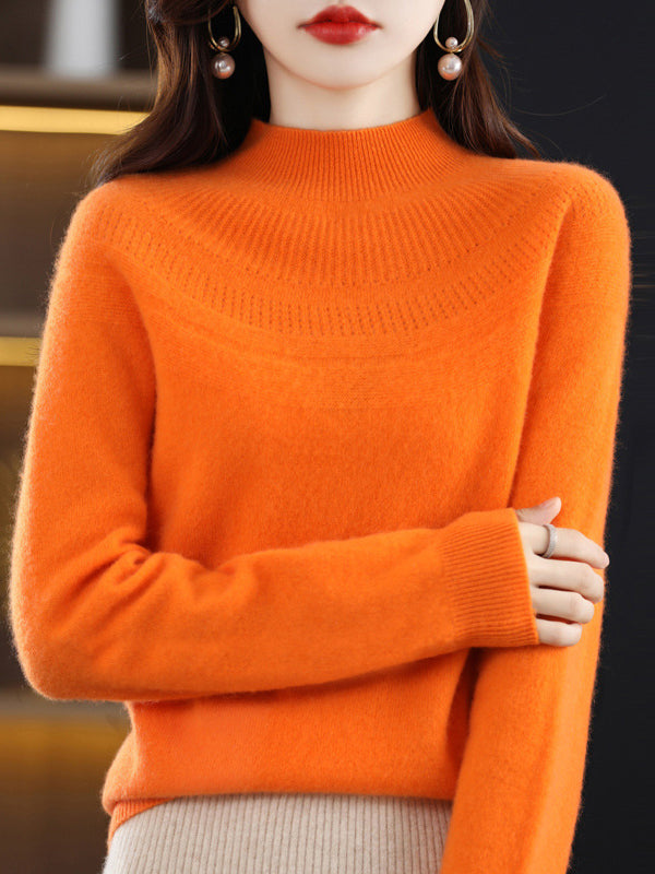 Office Raglan Sleeve Hollow Solid Color High-Neck Sweater Tops by migunica