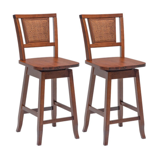 2 Pieces 24.5 Inch Bar Stools with Rattan Back and Swivel Seat by VYSN