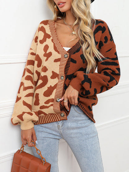 Long Sleeves Loose Buttoned Leopard Split-Joint V-Neck Cardigan Tops by migunica