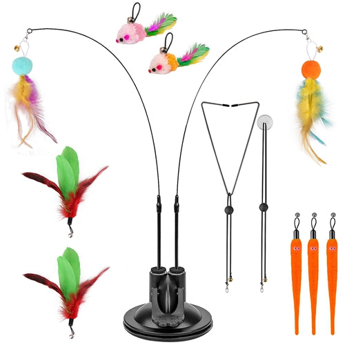 2 Cat Wand Toys with Suction Cup Double Head Interactive Cat Feather Toy 9Pcs Teaser Replacements with Bell Cats Self Playing Hanging Indoor Cat Toy by VYSN