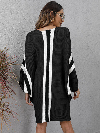 Original Loose 4 Colors Striped Round-Neck Batwing Long Sleeves Sweater Dress by migunica