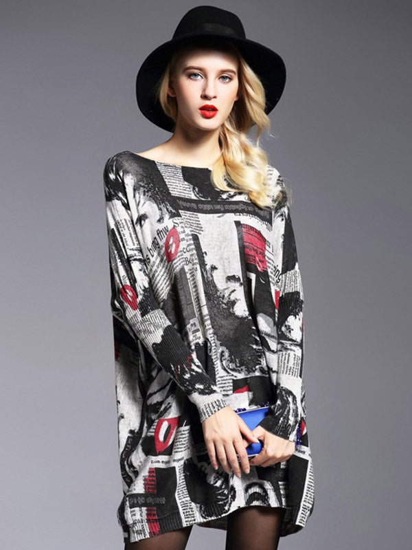 Urban Loose One-Shoulder Printed Split-Joint Sweater by migunica