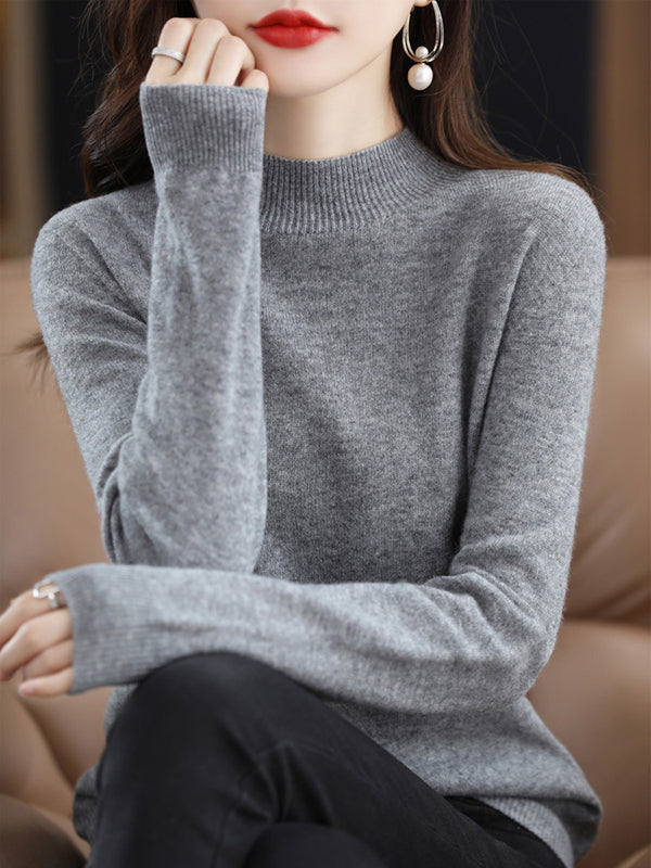 Office Long Sleeves Solid Color High-Neck Sweater Tops Pullovers by migunica