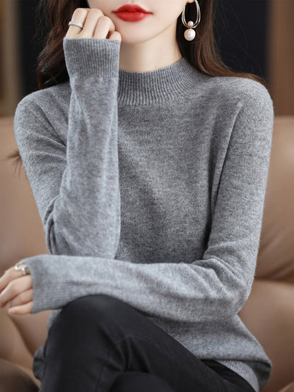 Office Long Sleeves Solid Color High-Neck Sweater Tops Pullovers by migunica