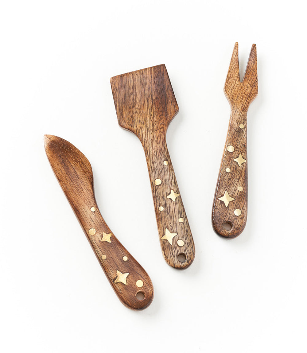 Nakshatra Stars Cheese Knives Set of 3 - Wood, Brass Inlay by Matr Boomie