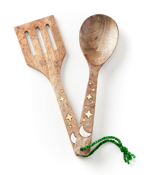 Nakshatra Moon Stars Serving Utensils Set - Carved Wood, Bone by Matr Boomie