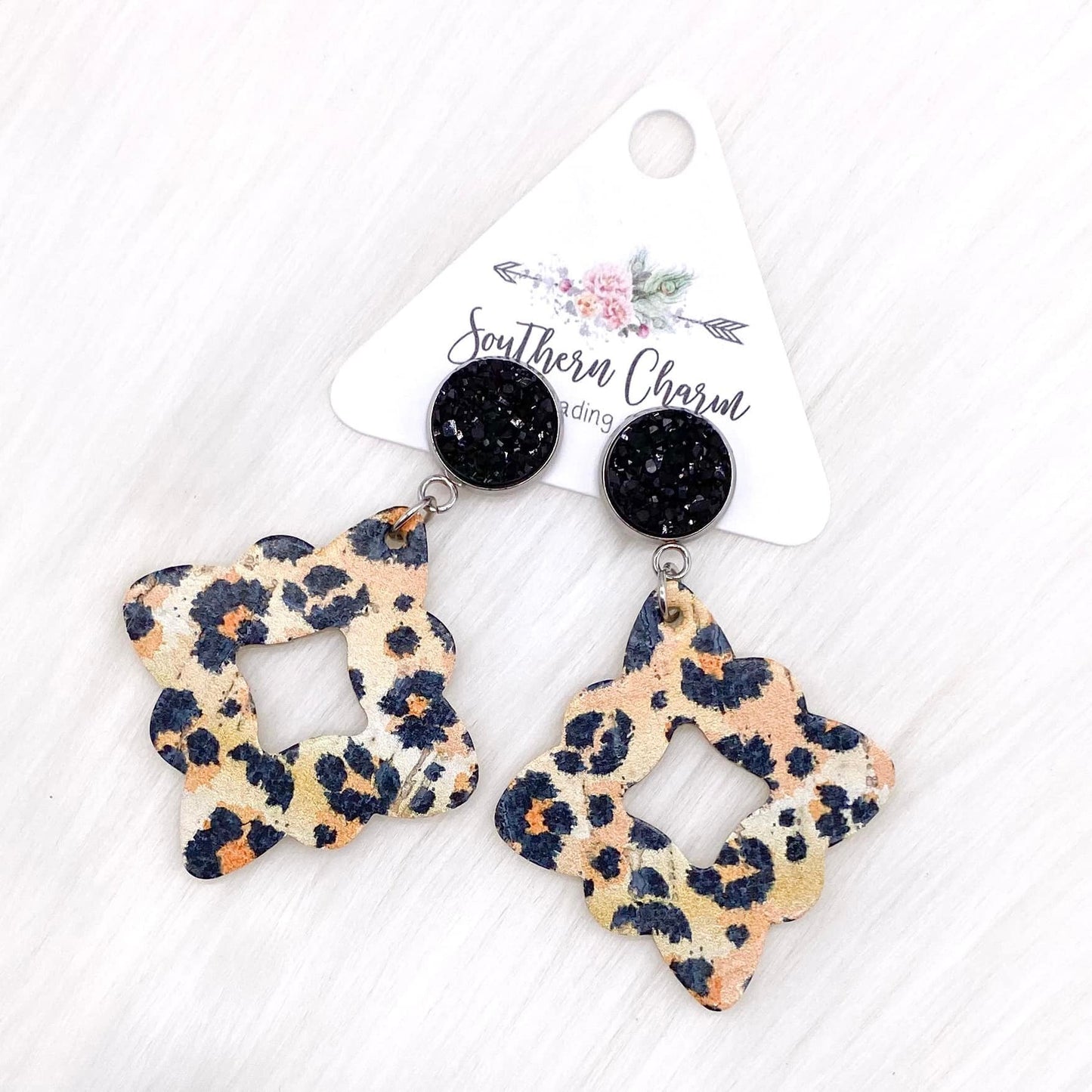 2.25" Black and Golden Leopard Dangle Lacies (cork) -Earrings by Doohickies Wholesale