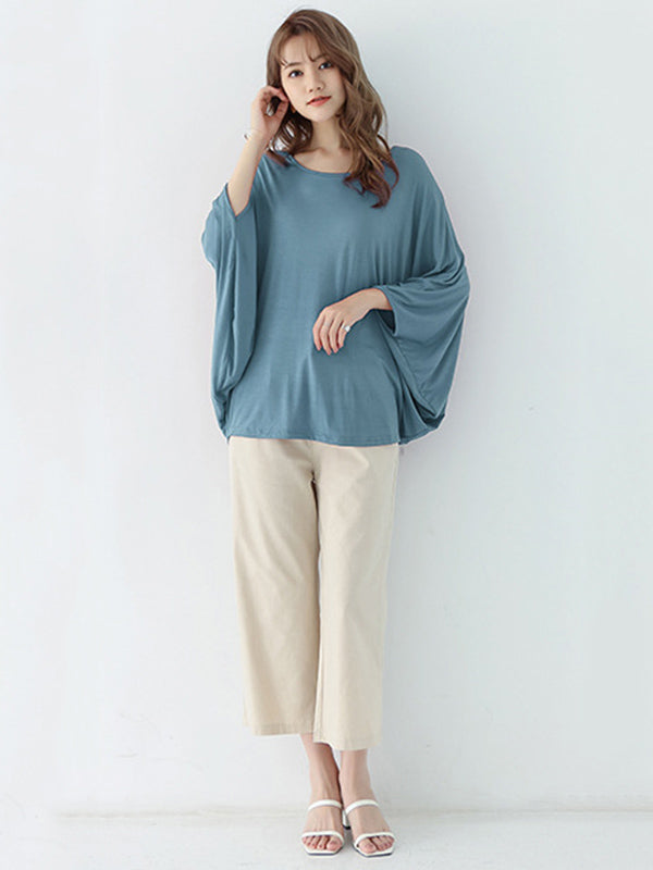 Vintage Loose Round-Neck Batwing Sleeves Shirts by migunica