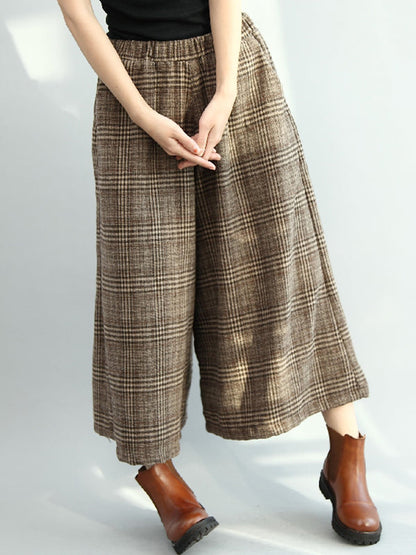 Vintage Loose Wide Leg Checkered Elastic Waist Pants by migunica