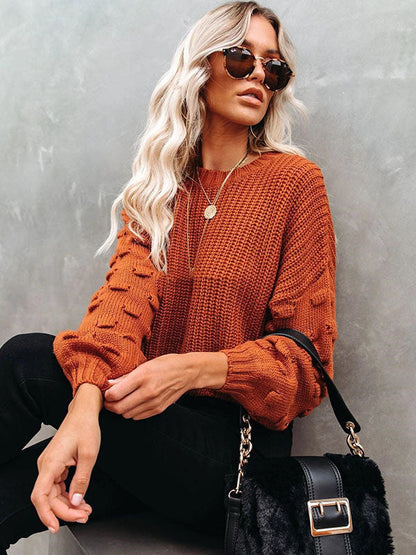 Trendy Tops Puff Sleeves Loose Solid Color Round-Neck Sweater Tops by migunica