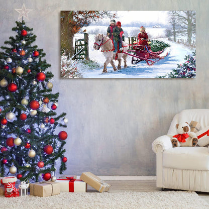 Framed Canvas Wall Art Decor Painting For Chrismas, Kids Riding White Horse Chrismas Gift Painting For Chrismas Gift, Decoration For Chrismas Eve Office Living Room, Bedroom Decor-Ready To Hang