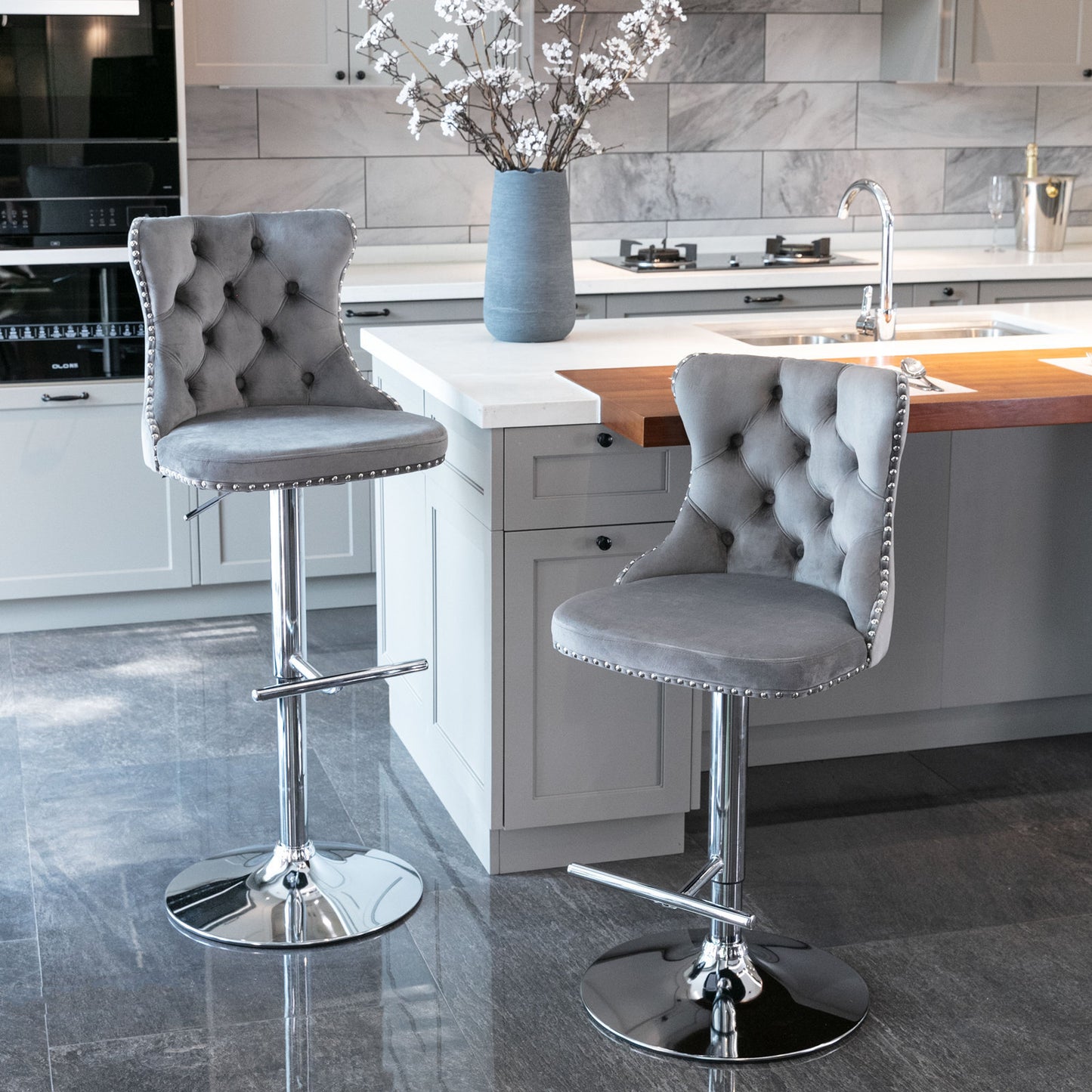 A&A Furniture,Swivel Velvet Barstools Adjusatble Seat Height from 25-33 Inch, Modern Upholstered Chrome base Bar Stools with Backs Comfortable Tufted for Home Pub and Kitchen Island（Gray,Set of 2）