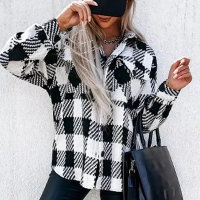 The Courtney | Black & White Plaid Textured Shacket by Babs+Birdie