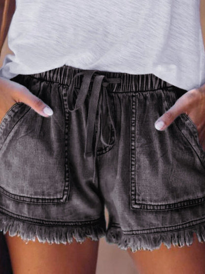 10 Colors Casual Drawstring High Waisted Denim Fringed Shorts by migunica