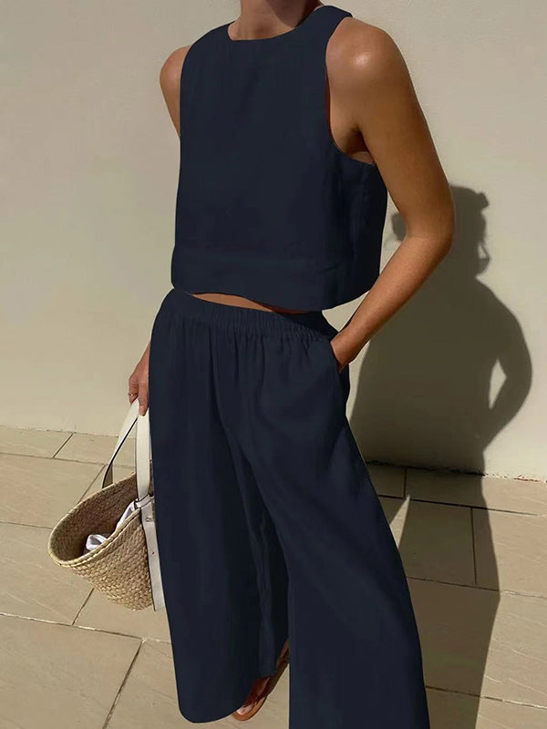 Solid Color Round-Neck Sleeveless Vest + Elasticity Wide Leg Pants Two Pieces Set by migunica