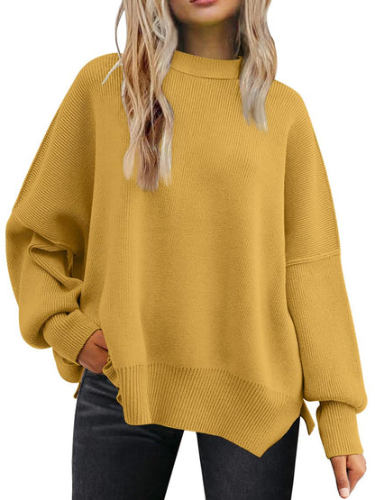 Slit Round Neck Dropped Shoulder Sweater