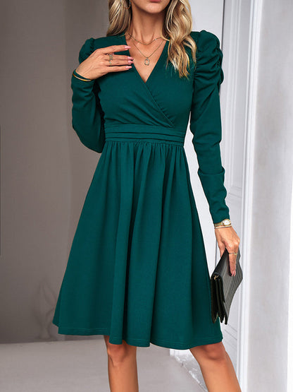 Puff Sleeves Skinny Pleated Solid Color Split-Joint V-Neck Midi Dresses by migunica