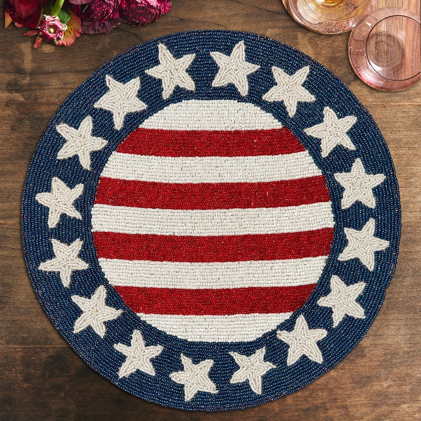 USA Flag Round Beaded Placemats - Set of 2 by Decozen