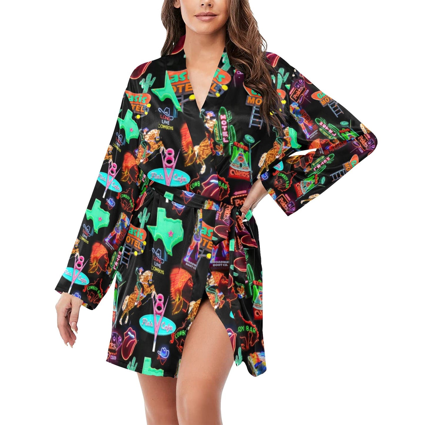 Vegas Neon Women's Long Sleeve Belted Satin Feel Dressing Lounge Robe by Baha Ranch Western Wear