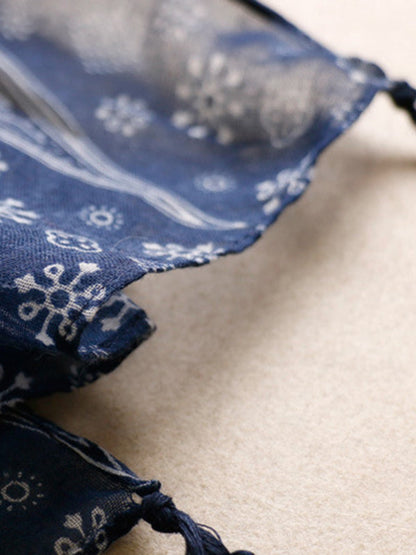 Printed Blue-And-White Sun-Protection Tasseled Shawl&Scarf by migunica