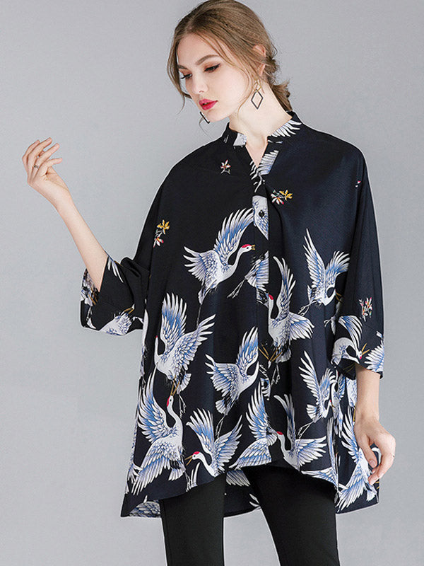 Original Crane Printed Buttoned Stand Collar Half Sleeves Blouse by migunica