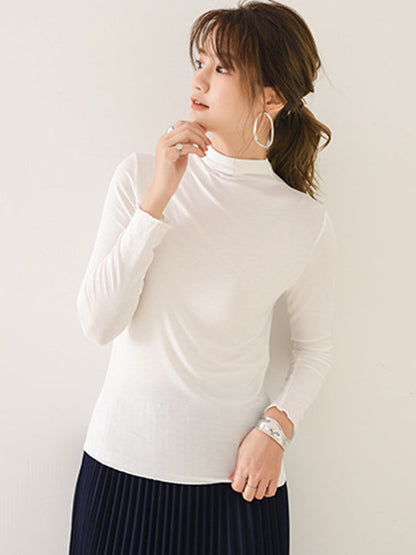 10 Colors Simple Solid Color Long Sleeves High-Neck T-Shirt Top by migunica