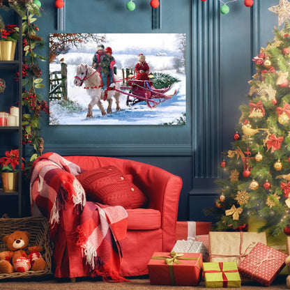 Framed Canvas Wall Art Decor Painting For Chrismas, White Horse with Sledge Chrismas Gift Painting For Chrismas Gift, Decoration For Chrismas Eve Office Living Room, Bedroom Decor-Ready To Hang