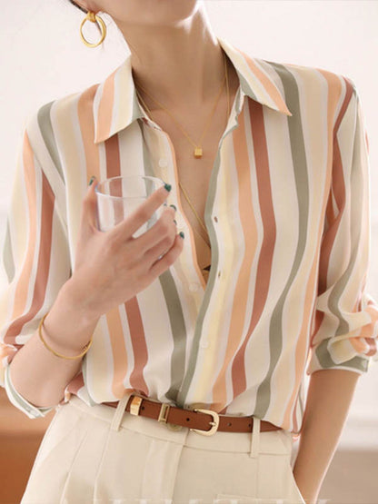 Long Sleeves Multi-Colored Striped Lapel Shirts Tops by migunica