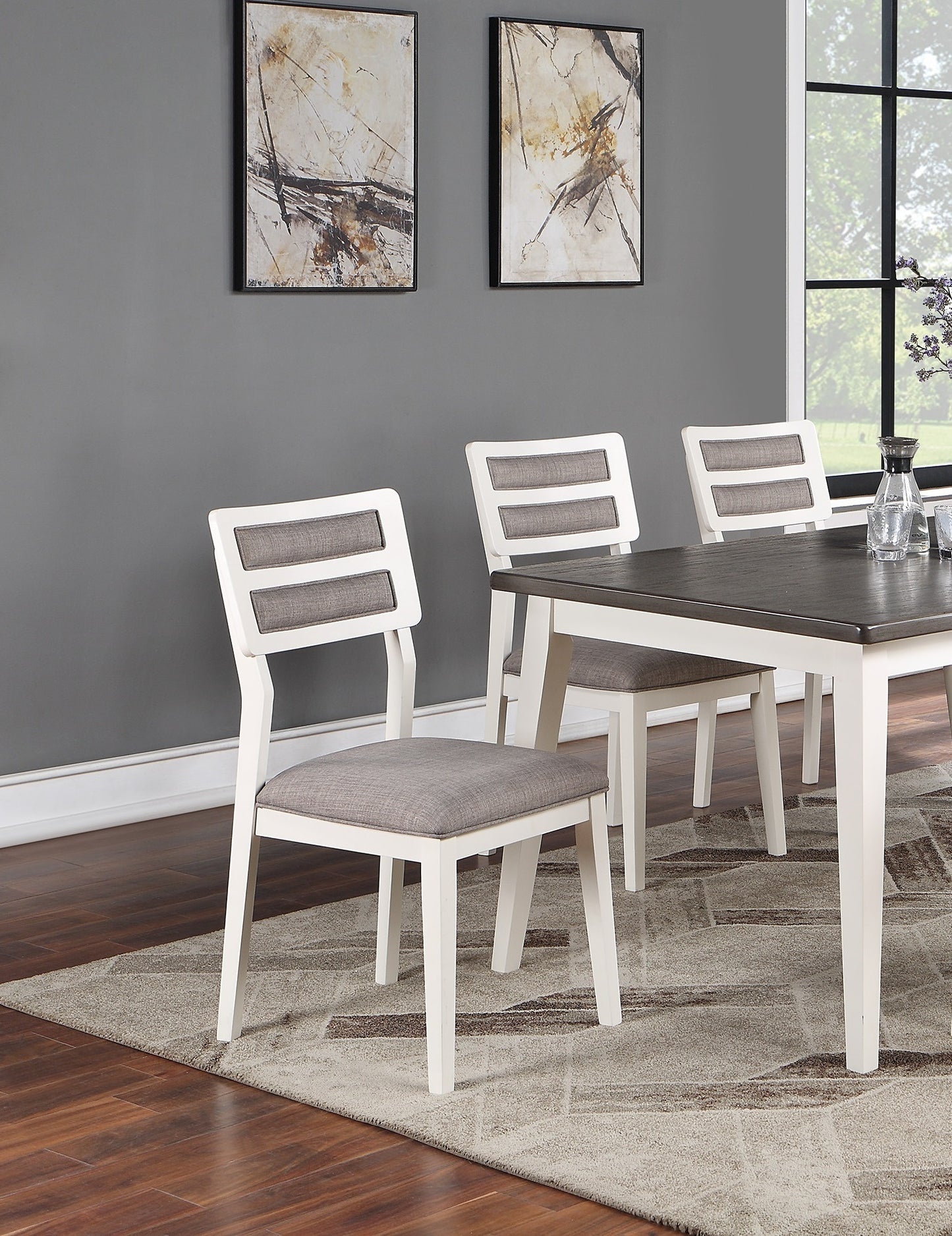 Beautiful Unique Set of 2 Side Chairs White And Grey Kitchen Dining Room Furniture Ladder back Design Chairs Cushion Upholstered