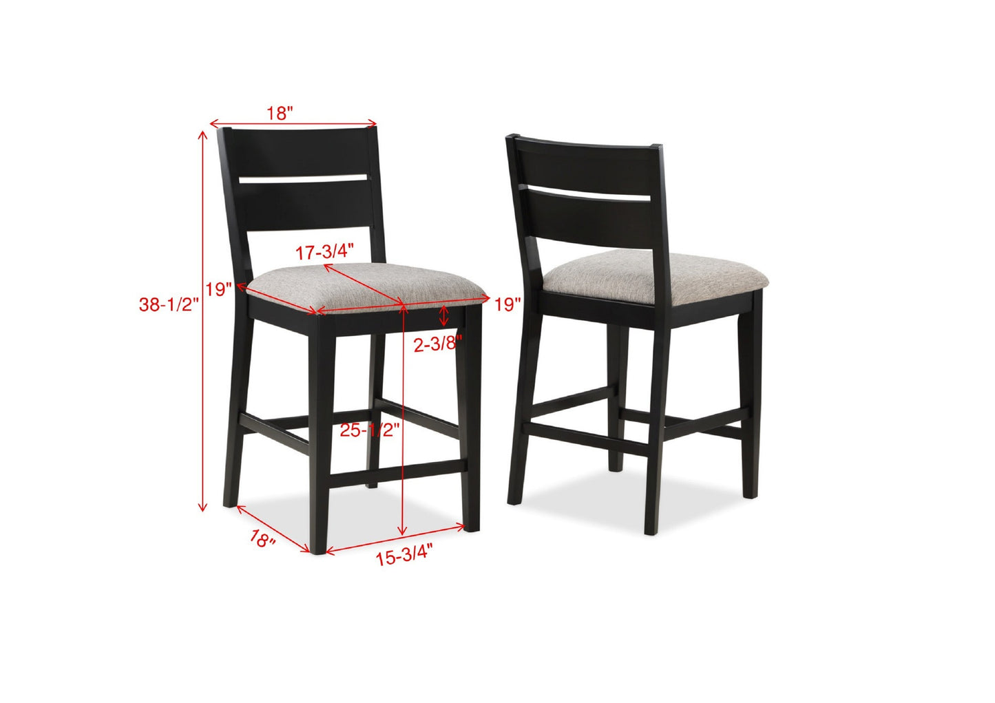 Contemporary 2pc Counter Height Dining Side Chair Upholstered Seat Ladder Back Dark Frame Gray Fabric Upholstery Dining Room Furniture