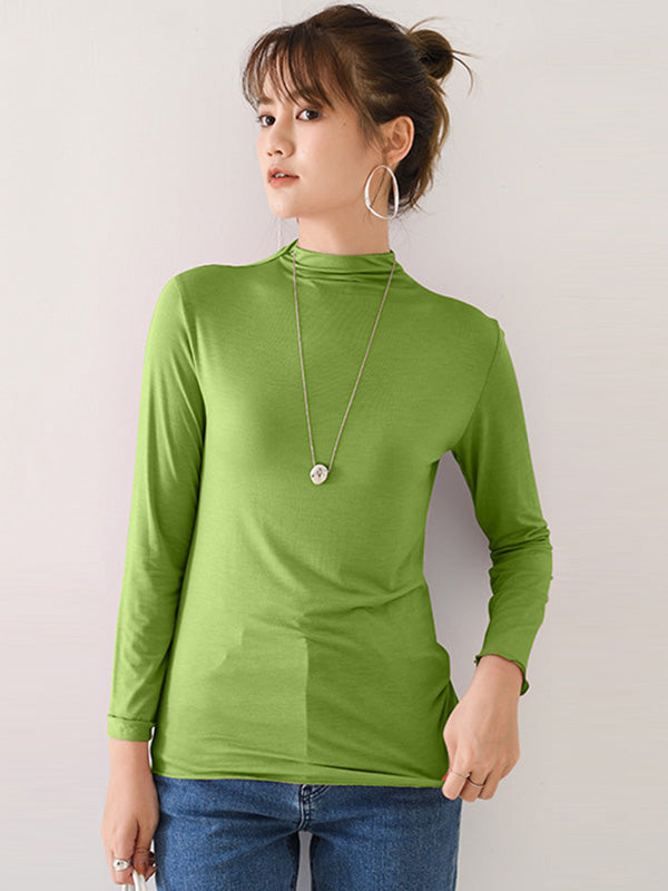 10 Colors Simple Solid Color Long Sleeves High-Neck T-Shirt Top by migunica