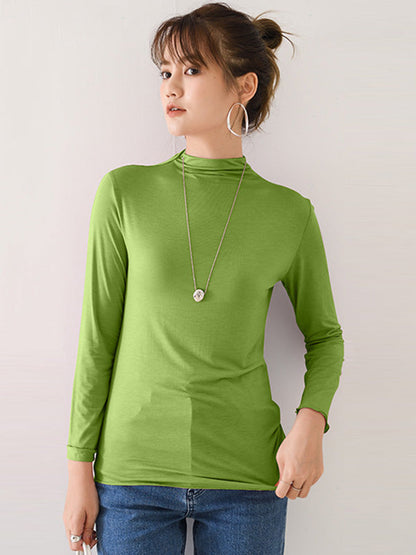 10 Colors Simple Solid Color Long Sleeves High-Neck T-Shirt Top by migunica