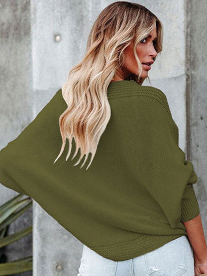 Loose Batwing Sleeves Twist Solid Color V-Neck Sweater Tops by migunica