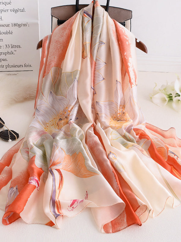 Vintage Floral Printed Silk Imitation Shawl Scarf by migunica