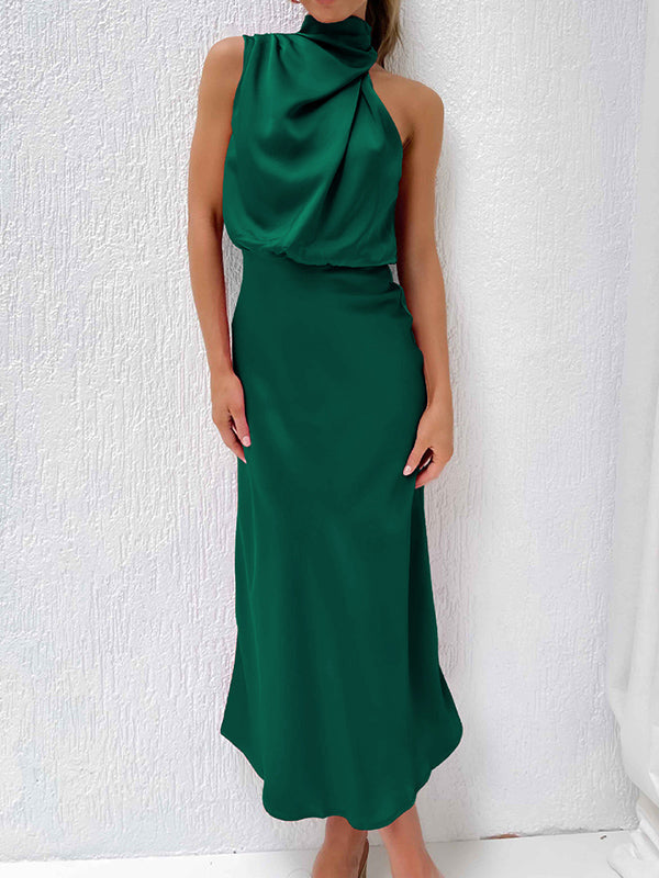 Sleeveless Solid Color Halter-Neck Midi Dresses by migunica